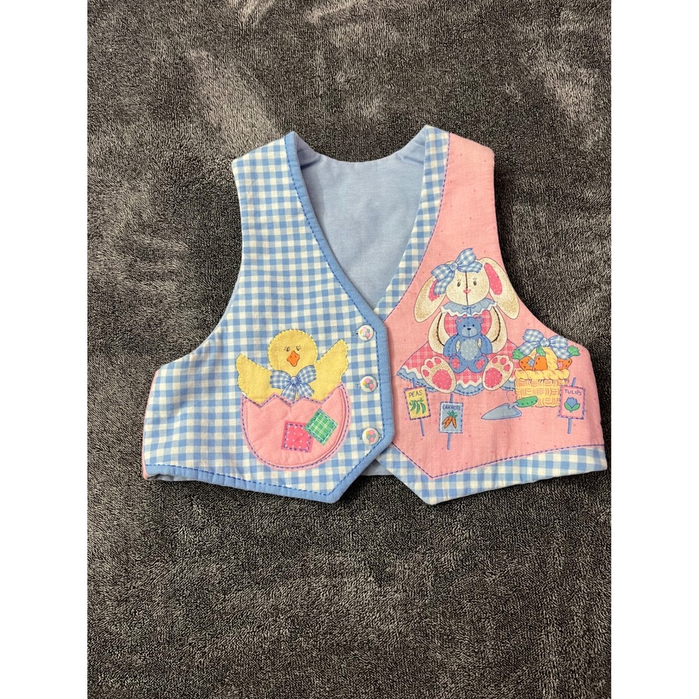Vintage Handmade Easter Bunny Chick Patchwork Vest Blue Gingham Pink Kids Spring
